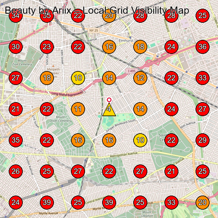 Beauty by Ariix GeoGrid visibility map for Beauty Salon in Queens